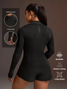 Powerista Women's Black Slim Fit Reflective Stripe Graphic Print Sports Jacket(Suitable For Jogging And Workout) Fall - Black - View 2