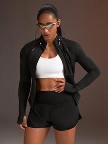 Powerista Women's Black Slim Fit Reflective Stripe Graphic Print Sports Jacket(Suitable For Jogging And Workout) Fall - Black - View 7