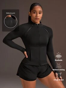 Powerista Women's Black Slim Fit Reflective Stripe Graphic Print Sports Jacket(Suitable For Jogging And Workout) Fall - Black - View 1
