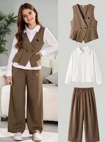 SHEIN 少女秋季套裝 春/秋休閒 80年代西式可愛極簡深V領無袖外套，長袖白色襯衫 校園棕色 - 卡其色 - 查看 3