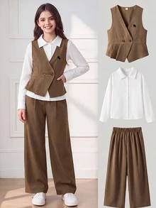 SHEIN 少女秋季套裝 春/秋休閒 80年代西式可愛極簡深V領無袖外套，長袖白色襯衫 校園棕色 - 卡其色 - 查看 1