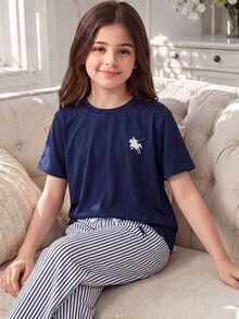 SHEIN 少女小馬印花粉色條紋鈕扣開襟襯衫，青少年女孩冬季柔軟馬匹刺繡上衣，女孩日常基礎層搭休閒開襟衫 - 藏蓝色 - 查看 1