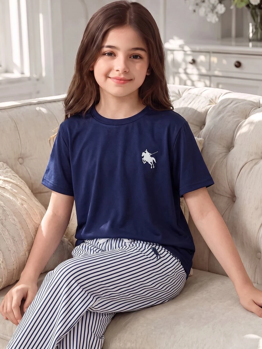 SHEIN 少女小馬印花粉色條紋鈕扣開襟襯衫,青少年女孩冬季柔軟馬匹刺繡上衣,女孩日常基礎層搭休閒開襟衫 - 藏蓝色 - 查看 1