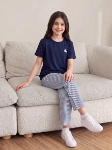SHEIN 少女小馬印花粉色條紋鈕扣開襟襯衫，青少年女孩冬季柔軟馬匹刺繡上衣，女孩日常基礎層搭休閒開襟衫 - 藏蓝色 - 查看 2