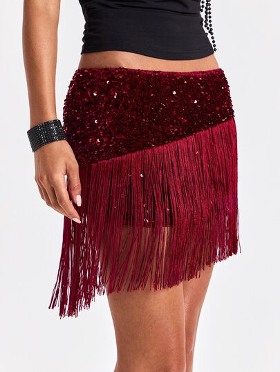 Otoño/Invierno Sexy Fiesta Cóctel Noche Año Nuevo Atuendo Lujo Medianoche Y2K Vanguardista Dinámico Flecos Patchwork Decoración Lentejuelas Falda Ajustada Cintura Baja para Mujer