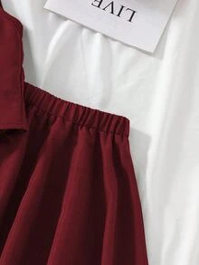 SHEIN 青少年女孩 2件組 純色單排扣背心與迷你裙休閒套裝 80年代可愛夏季極簡舒適日常家庭穿搭 酒紅色 - 紅色 - 查看 9