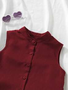 SHEIN 青少年女孩 2件組 純色單排扣背心與迷你裙休閒套裝 80年代可愛夏季極簡舒適日常家庭穿搭 酒紅色 - 紅色 - 查看 7