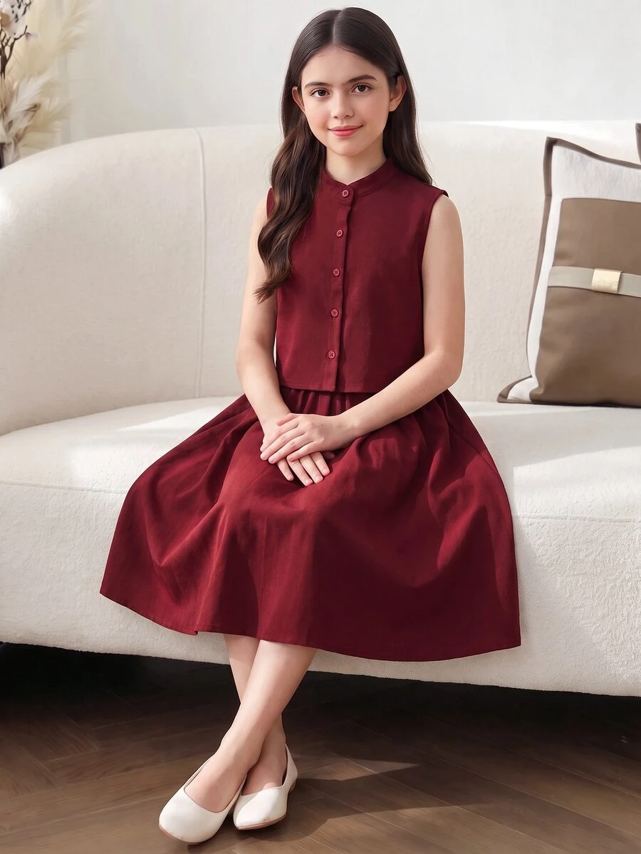 SHEIN 青少年女孩 2件組 純色單排扣背心與迷你裙休閒套裝 80年代可愛夏季極簡舒適日常家庭穿搭 酒紅色