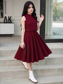 SHEIN 青少年女孩 2件組 純色單排扣背心與迷你裙休閒套裝 80年代可愛夏季極簡舒適日常家庭穿搭 酒紅色 - 紅色 - 查看 3