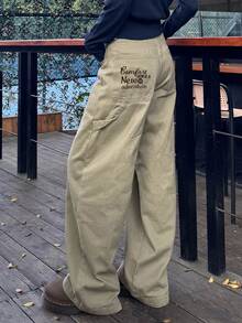 DAZY Women's Casual Loose Embroidered Letter Jeans, Korean Style Cute Tops - Khaki - View 1