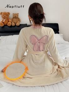 Napfluff Women's Plush Robe With Butterfly Embroidery On Back, Autumn/Winter Loungewear - Beige - View 1