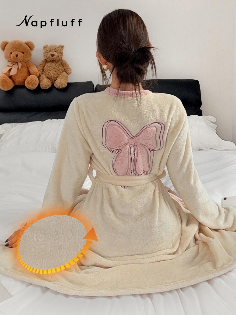 Napfluff Women's Plush Robe With Butterfly Embroidery On Back, Autumn/Winter Loungewear - Beige - View 1