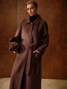 MOTF PREMIUM WOMEN'S AUTUMN/WINTER LONG SLEEVE CASUAL DOUBLE-FACED WOOL LONG COAT - Coffee Brown - View 7