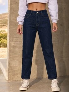 Flexra Jeans de mezclilla casuales diarios para mujer con bolsillos y botones - Azul Marino - Ver 1