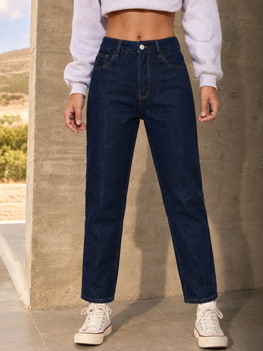 Flexra Jeans de mezclilla casuales diarios para mujer con bolsillos y botones - Azul Marino - Ver 1