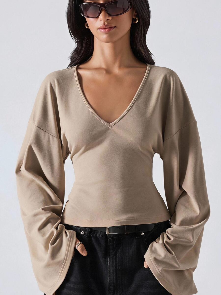 LYSMO Women's Solid Color V-Neck Drop Shoulder Long Sleeve Casual T-Shirt - Khaki - View 1
