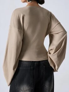 LYSMO Women's Solid Color V-Neck Drop Shoulder Long Sleeve Casual T-Shirt - Khaki - View 2