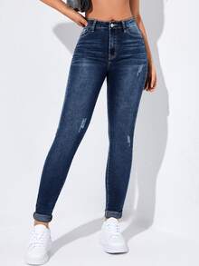 Flexra Vaqueros casuales pitillo con bolsillos y dobladillo enrollable para mujer - Neblina azul - Ver 7