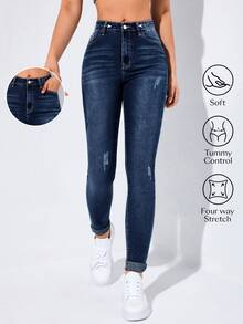 Flexra Vaqueros casuales pitillo con bolsillos y dobladillo enrollable para mujer - Neblina azul - Ver 2