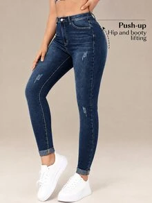 Flexra Vaqueros casuales pitillo con bolsillos y dobladillo enrollable para mujer - Neblina azul - Ver 1