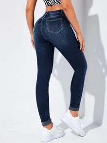 Flexra Vaqueros casuales pitillo con bolsillos y dobladillo enrollable para mujer - Neblina azul - Ver 10
