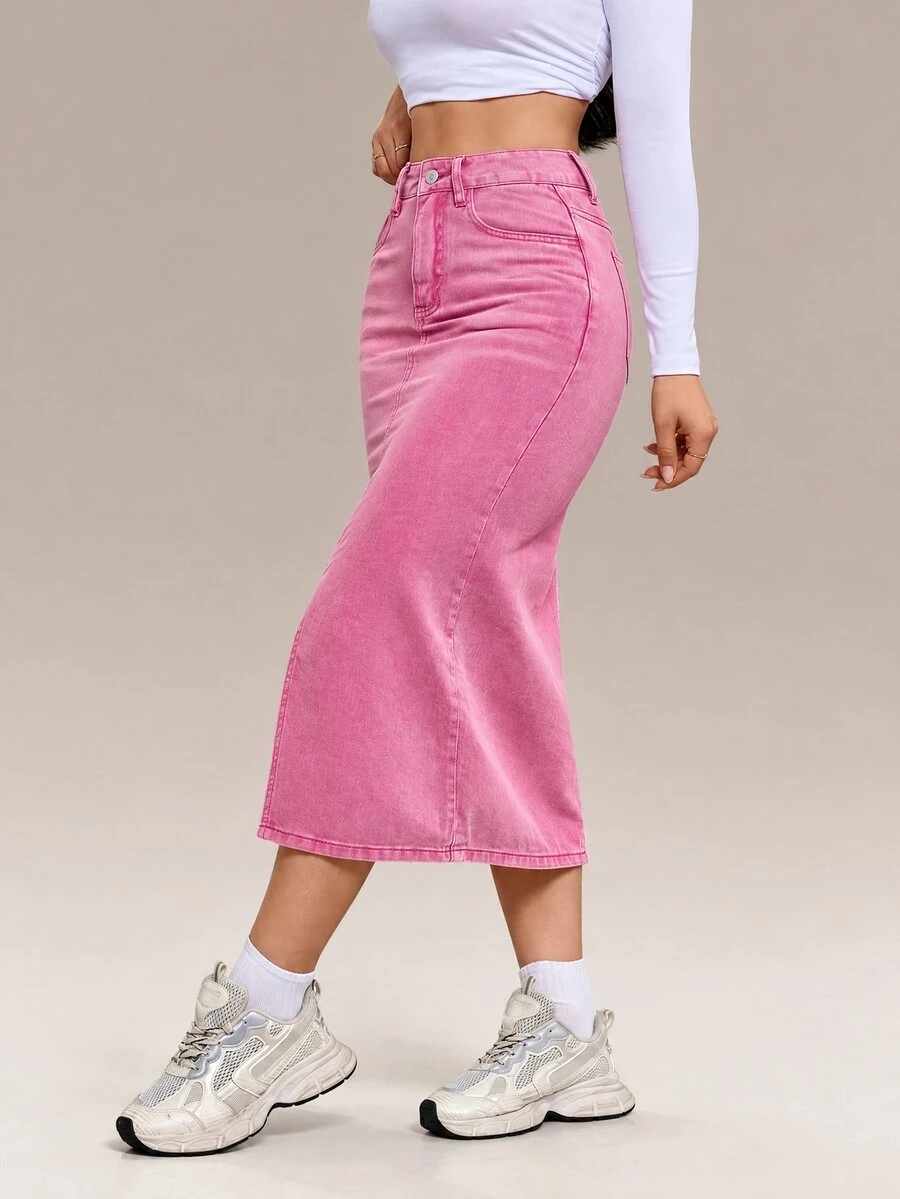 Flexra Women's Button Front Pocket Split Hem A-Line Skirt, Casual Daily ...