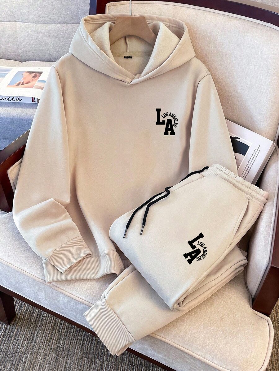 Manfinity Homme Men's Standard Size Casual Khaki Sweatshirt Set, Men's Sports Set, Minimalist Logo Graphic Design - Khaki - View 1