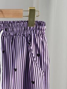 SHEIN 青少年女孩 2件組圓領愛心印花短袖T恤條紋長褲套裝 夏季可愛 Katseye 生日 白色黑色 派對正式穿搭 - 紫色 - 查看 12