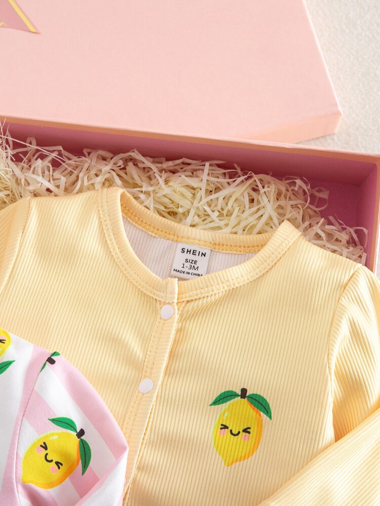 SHEIN Newborn Baby Round Neck Long Sleeve Jumpsuit Footed Pants White Butter Yellow Autumn Lemon Print Button Placket 2 Pieces Set Pajamas Cute - Multicolor - View 7