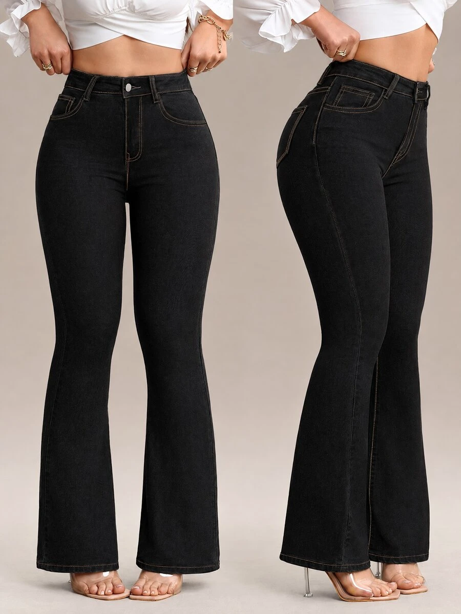 Flexra Jeans de mujer de cintura alta con bolsillos, estilo casual retro vintage de los 70 y 2000, versátiles con pierna acampanada, para uso diario y vacaciones, color negro, verano - Negro - Ver 1