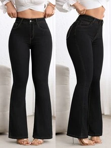 Flexra Jeans de mujer de cintura alta con bolsillos, estilo casual retro vintage de los 70 y 2000, versátiles con pierna acampanada, para uso diario y vacaciones, color negro, verano - Negro - Ver 3