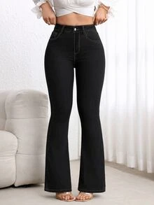 Flexra Jeans de mujer de cintura alta con bolsillos, estilo casual retro vintage de los 70 y 2000, versátiles con pierna acampanada, para uso diario y vacaciones, color negro, verano - Negro - Ver 7