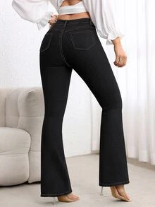 Flexra Jeans de mujer de cintura alta con bolsillos, estilo casual retro vintage de los 70 y 2000, versátiles con pierna acampanada, para uso diario y vacaciones, color negro, verano - Negro - Ver 2