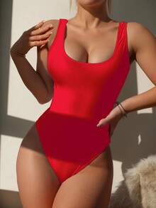 Swim Basics 2025 Women Solid Color One-Piece Swimsuit, Vacation/Beach - Red - View 3