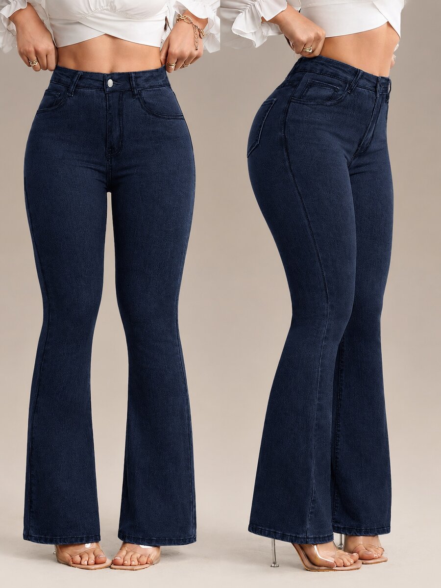 Flexra Women's High Waist Pocketed Casual Flare Leg Jeans - Royal Blue - View 1