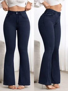 Flexra Women's High Waist Pocketed Casual Flare Leg Jeans - Royal Blue - View 3
