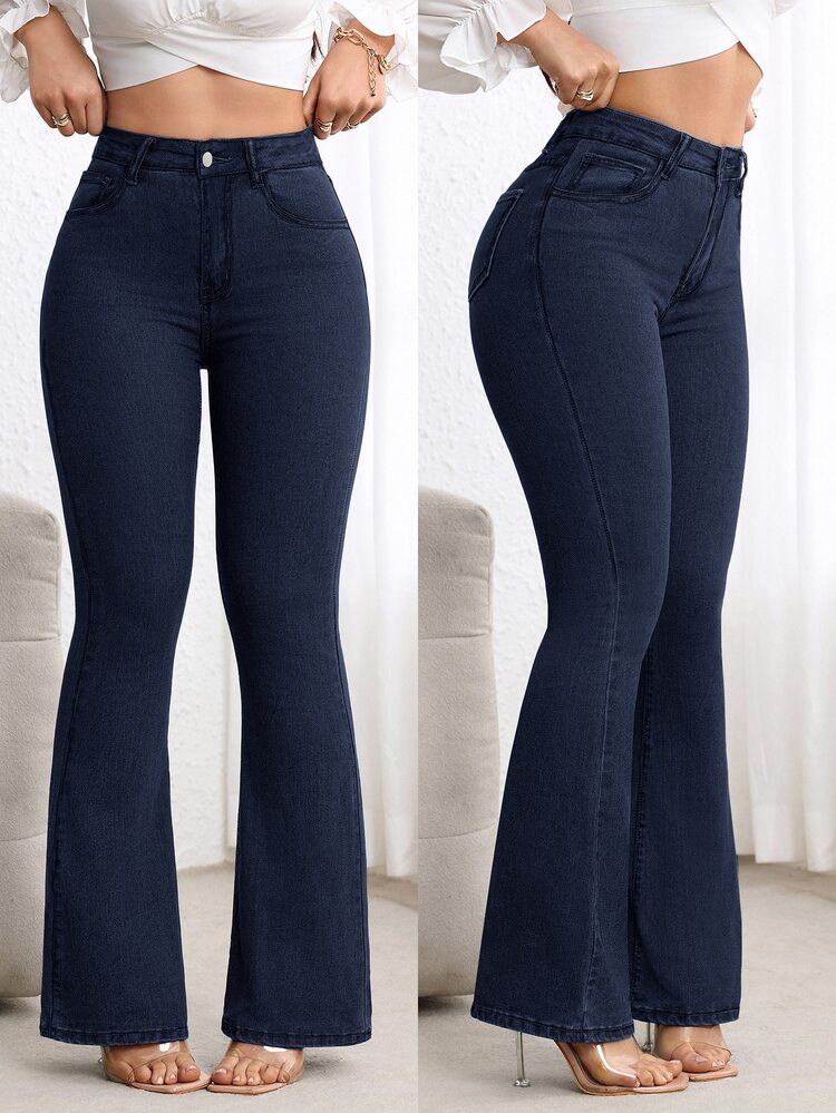 Flexra Women's High Waist Pocketed Casual Flare Leg Jeans - Royal Blue - View 3