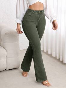 Flexra Women's High Waist Pocketed Flare Casual Versatile Jeans - Green - View 4