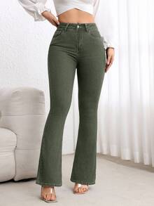 Flexra Women's High Waist Pocketed Flare Casual Versatile Jeans - Green - View 7