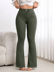 Flexra Women's High Waist Pocketed Flare Casual Versatile Jeans - Green - View 9