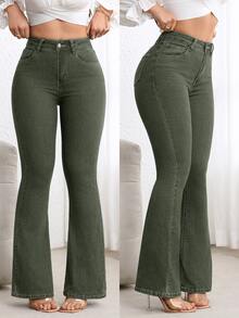 Flexra Women's High Waist Pocketed Flare Casual Versatile Jeans - Green - View 3