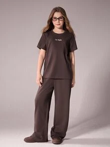 SHEIN 青少年女孩 2件組短袖休閒 80年代可愛運動風寬鬆圓領T恤套裝 夏季校園 棕色 度假家庭穿搭 - 卡其色 - 查看 8