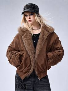 ROMWE EDITION Áo khoác nữ phong cách vintage mùa thu/đông, lông nhân tạo phối mảng, tay dài - màu nâu - Xem 2