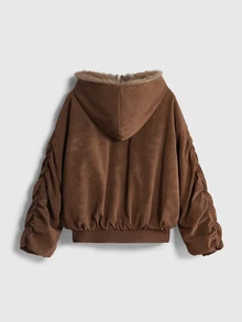 ROMWE EDITION Áo khoác nữ phong cách vintage mùa thu/đông, lông nhân tạo phối mảng, tay dài - màu nâu - Xem 5