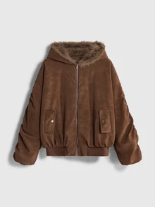 ROMWE EDITION Áo khoác nữ phong cách vintage mùa thu/đông, lông nhân tạo phối mảng, tay dài - màu nâu - Xem 6