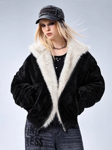 ROMWE EDITION Y2K人造毛皮與麂皮可正反穿女款夾克，適合秋冬穿著 - 黑色 - 查看 2