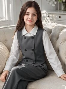 SHEIN 青少年女孩春/秋季可愛深V領無袖繫帶夾克白色襯衫寬腿直筒褲三件套灰色教師節校園風 - 灰色 - 查看 2