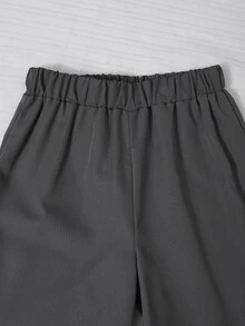 SHEIN 青少年女孩春/秋季可愛深V領無袖繫帶夾克白色襯衫寬腿直筒褲三件套灰色教師節校園風 - 灰色 - 查看 7