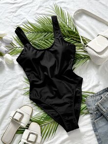 SHEIN Swim 2025 Women's Solid Color Camisole One-Piece Swimsuit, Vacation For Summer - Black - View 7