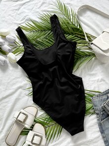 SHEIN Swim 2025 Women's Solid Color Camisole One-Piece Swimsuit, Vacation For Summer - Black - View 3